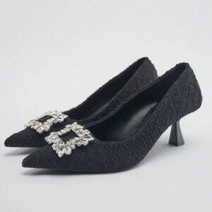 Zara Tweed Fabric Crystal Rhinestone Embellished Pointed Heel Black Size 37/7